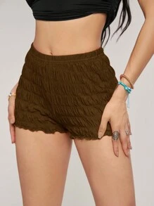 SHEIN EZwear Quần short bó cạp cao dệt kim họa tiết trơn cho nữ - màu nâu - Xem 4