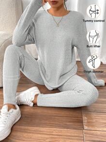 SHEIN Frenchy Women's Casual Solid Color Long Sleeve Top & Long Pants Set - Grey - View 6