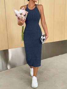 SHEIN Essnce Women Plain Sleeveless Simple Fitted Ribbed Casual Dress Long Bodycon Dress Bodycon Dresses New In Dresses Knit Dress Women Clothing Dresses