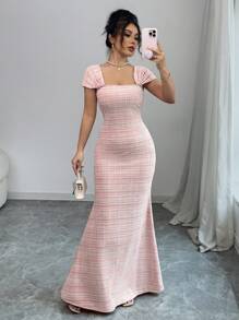 Rafferiza Damen figurbetontes Bodycon-Kleid im französischen Stil mit quadratischem Ausschnitt und Fischschwanz-Strickmuster - Rot - Übersicht 3