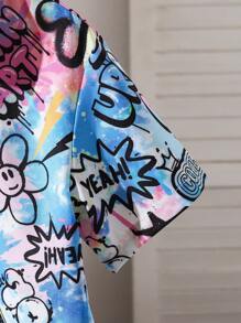 SHEIN Girls' Graffiti Printed Cropped Short Sleeve Shirt - Multicolor - View 5
