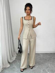 Chiquease 2 pièces Ensemble de blouse sans manches et pantalon pour femme, design blocs de couleurs