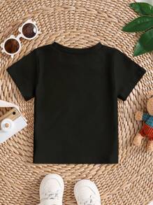 Young Boy Valentine's Pizza Pattern Short Sleeve Round Neck T-Shirt, Suitable For Summer - Black - View 2