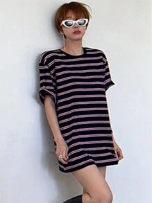 DAZY 女士宽松条纹短袖圆领休闲T恤超大码T恤 - 藏蓝色 - 查看 2
