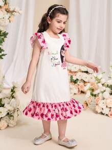 SHEIN 女孩中东风格 Abaya Kaftan Jalabiya 开斋节穆斋月印花 A 字形拼布荷叶边下摆休闲连衣裙，配有斜挎包 - 彩色 - 查看 5