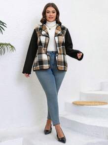 SHEIN LUNE Plus Size Women Plaid Patchwork Long Sleeve Casual Jacket, Autumn