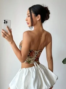 SHEIN PETITE Floral Print Backless Crossed Bandeau Top Y2K - Khaki - View 1