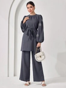 Veilorie Women Floral Embroidered Lantern Sleeve Top And Pants Arabic Style 2 Pieces Set,Modest