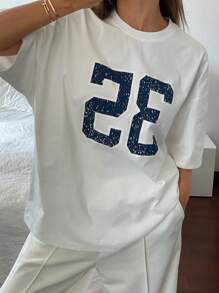 DAZY 女士字母印花圆领休闲宽松短袖 T 恤超大码 T 恤、图案 T 恤 - 白色 - 查看 2