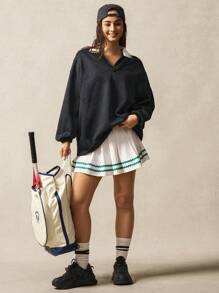 VARSITIE Long Sleeve Workout Top Contrast Striped Collar Loose Fit Long Sleeve Casual Sweatshirt - Navy Blue - View 4