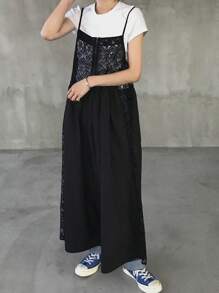 FRIFUL 女式宽松长款蕾丝拼接吊带裙，中长款太阳裙 - 黑色 - 查看 4