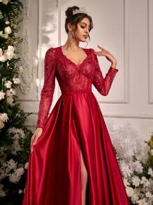 Glamrae Elegant Luxurious Romantic V-Neck Long Sleeve French Lace And Chiffon With Ruffle And Backless Design, Glossy Satin Extra-Large A-Line Hem Wedding Dress, Suitable For Weddings, Parties, Vacation, Graduation, Bridal - Red - View 3