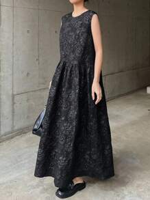 FRIFUL Women's Black Dress With 3D Textured Ruffle, Sleeveless, Elegant Resort Summer Wear Sundress