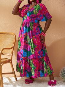 Slaydiva 2025 Summer&Beach New Plus Size Women V-Neck Floral Print Short Sleeve A-Line Maxi Dress, Vacation & Sexy & Elegant Spring/Summer Resort Dresses For Women Tropical Dress Women Plus Size Summer Dress Plus Size Vacation Dresses Hawaiian Dress For Women - Multicolor - View 5