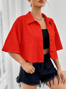 SHEIN EZwear Summer Drop Shoulder Pocket Patched Shirt Without Cami Top - Red - View 4