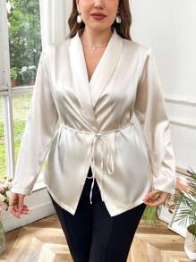 SHEIN Privé 大码女式优雅杏色法式环绕式系带领长袖衬衫，适合通勤，秋季 - 杏色 - 查看 4