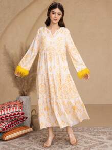 SHEIN Teen Girl's Casual Modest V-Neck Woven Feathered Trim Printed Dress, Suitable For Spring/Autumn - Yellow - View 5