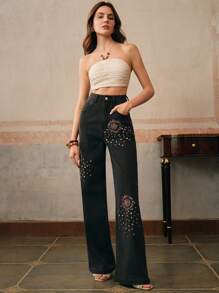 Anewsta 女士时尚钻石刺绣花卉直筒牛仔裤，春夏装 - 藍色 - 查看 6