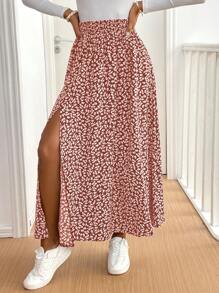 SHEIN Frenchy 女式碎花印花开衩下摆休闲长裙，带荷叶边细节 - 紅色 - 查看 6