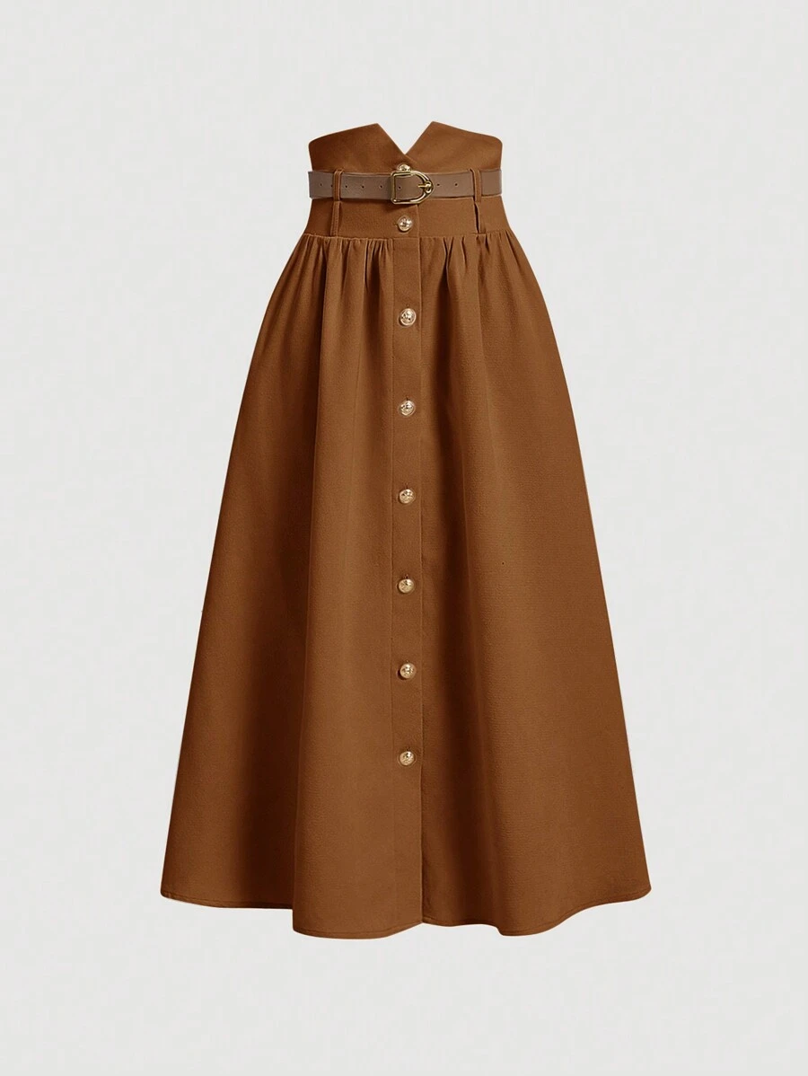 SHEIN MOD Reddish Brown High Waist Metallic Buckle A-Line Skirt With Belt - Redwood - View 1