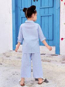 Emery Rose Kids Emery Rose Kids 2 件套少女梭织条纹休闲衬衫和宽松梭织休闲裤套装 - 藍色 - 查看 5