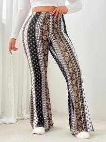 SHEIN EZwear Pantalones acampanados de talla grande con estampado retro a color block