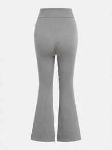 SHEIN 2 Pieces Teen Girl Set, Grey Basic Short Sleeve Cropped Knit Top And Flare Long Pants, Elegant Casual Vacation - Grey - View 5