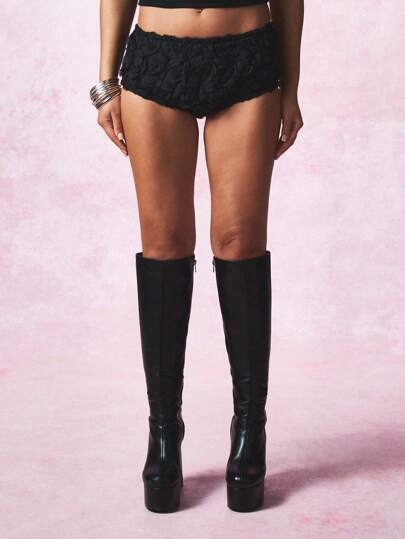 SUMWON WOMEN Designer Rose Textured High-Waisted Booty Shorts Hot Pants Festival Dance Club Party Ruched Detail Stretch Fit Summer Fashion Statement Piece