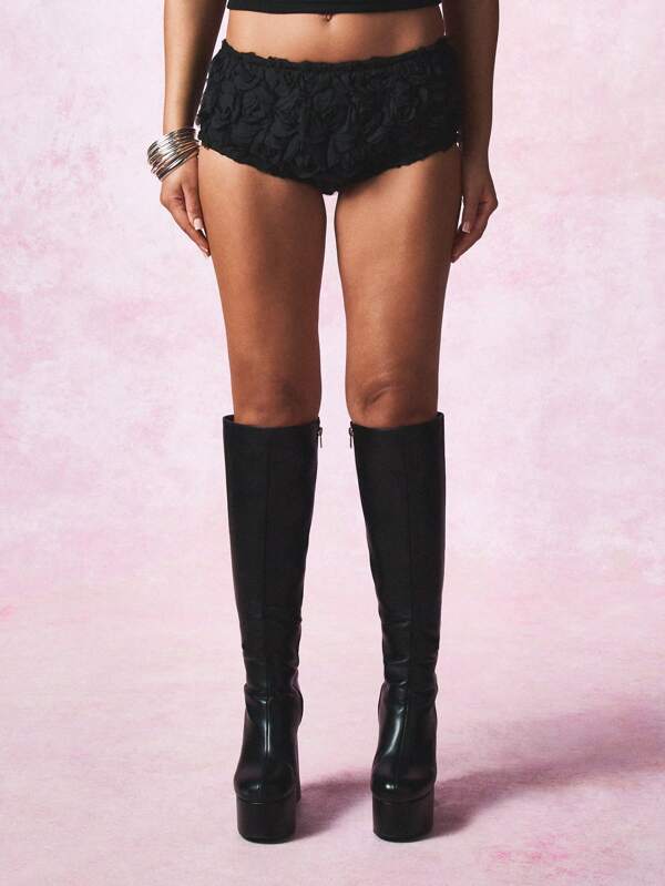 SUMWON WOMEN Pantalones cortos con textura de rosa, diseñador, de talle alto y ceñidos al trasero, shorts calientes para festivales, clubes de baile y fiestas, con detalle de fruncido, ajuste elástico, pieza de declaración de moda de verano