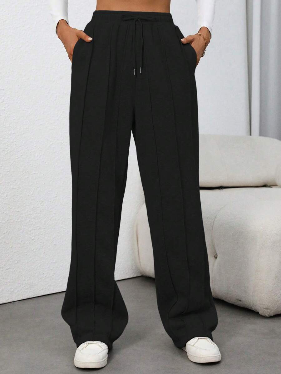 Flirla Tall Grey High Waist Drawstring Tie Patchwork Straight Leg Loose Casual Sweatpants, Fashionable & Simple Design, Suitable For Tall Women, Autumn/Winter Graduation,Back To School Outfits,Graduation,Teacher Outfits For Women,Back To School Fall Cloth For Women - Black - View 1