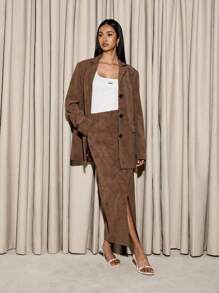 AiiRZ Luxurious Oversized Suede Blazer Professional Business Office Wear Designer Single Breasted Fall Winter Structured Coat Jacket With Button Closure - Coffee Brown - View 3