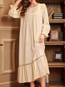 蕾丝拼布荷叶边领珍珠纽扣复古宫廷风女士睡袍 - 杏色 - 查看 3