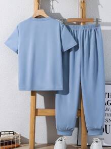 2pcs Tween Boy Casual Loose Cartoon Headphone Print Crew Neck Short Sleeve Top And Pants Knit Tracksuit Set, Suitable For Commuting, School, Everyday Wear, Sports, Spring/Summer - Blue - View 2