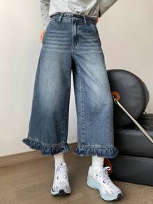 DAZY Women's Ruffled Hem Cropped Wide Leg Jeans - Medium Wash - View 2