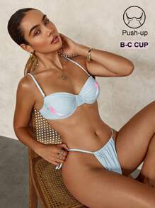 Conjunto de biquíni feminino de alças finas, cor sólida, top e calcinha, férias de verão na praia - Verde - Ver 6