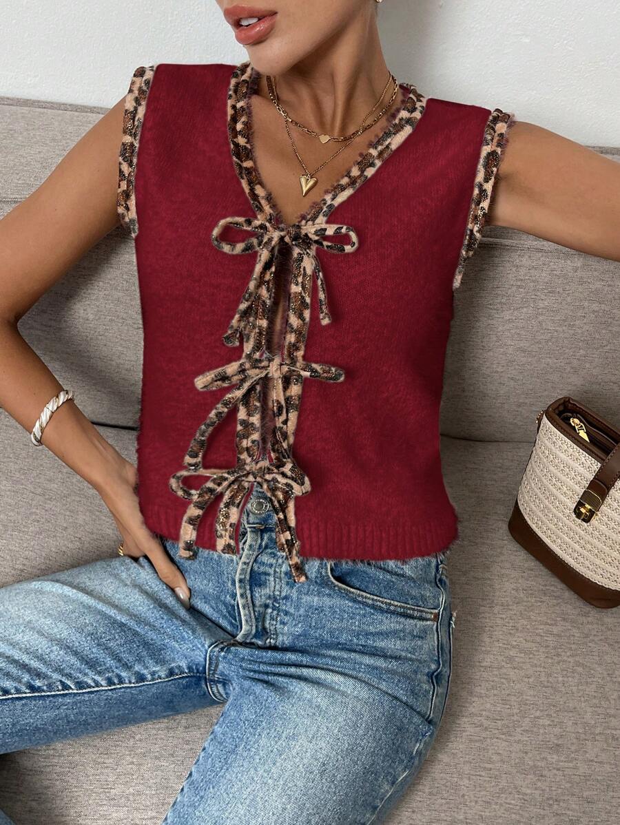 SHEIN Frenchy Women's Solid Color Patchwork Front Tie Sleeveless Simple Casual Sweater Vest Summer Christmas New Year Leopard Cheetah Red - Rose Red - View 1