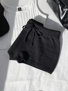 Comfortcana Women's Solid Color Front Tie Simple Casual Shorts In Fall/Winter - Black - View 5