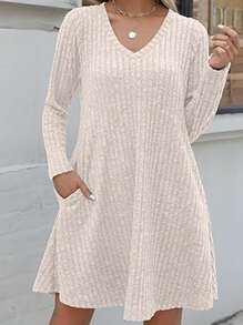 Women's Solid V-Neck Long Sleeve Ribbed Casual Mini Dress Fall Cloth For Women - Apricot - View 5