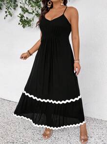 SHEIN Frenchy Plus Size Women Czarna Kontrastowa Sukienka Bez Rękawów Z Falbanką, Modna Sukienka Na Wyjście, Wiosna/Lato Nowość Boho/Bohema Sukienka z Siateczki Sukienka Na Studniówkę Sukienka Foral Damska Skromna Sukienka Wiosenna Eleganckie Sukienki Damskie Długa Sukienka Plażowa Strój Koncertowy Kobiety