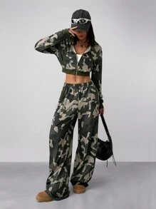SHEIN EZwear 女士日常穿着嘻哈休闲迷彩连帽衫套装/两件套 - 彩色 - 查看 5