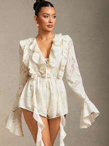 L'Amorae Summer Women Outfit, Women Clothes, Romantic Elegant White Floral Jacquard Ruffle Flounce Sleeve Romper, Women Rompers. For Date Night, Concerts, Performances, Wedding, Parties, Evening, Music Festivals