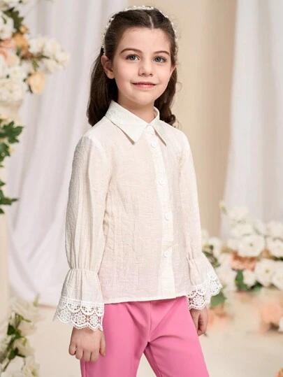 SHEIN Young Girl Solid Color Front Button Long Sleeve Casual Shirt