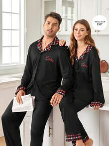 CoupledUp 男士休闲拼布格子和爱心图案家居服套装 - 黑色 - 查看 5