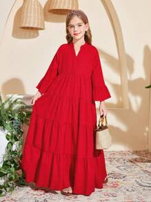SHEIN Tween Girls' Loose V-Neck Layered Textured Fabric 3/4 Sleeve A-Line Dress - Red - View 4