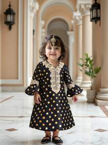 SHEIN Adorable Black Polka Dot Fancy Long Sleeve Dress For Baby Girls - Black - View 13