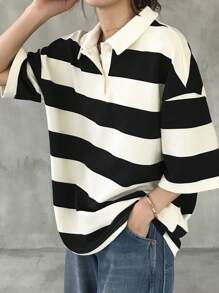 FRIFUL Women Loose Stripe T-Shirt With Polo Collar And Mid-Length Sleeve, Casual Summer Wear Oversized T-Shirt