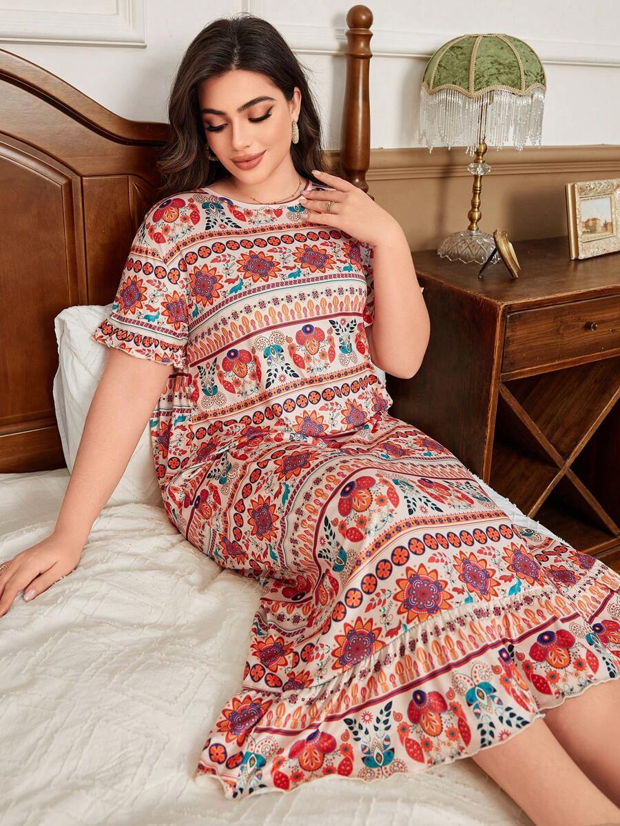Trezura Retro Floral Print Plus Size Women Casual Round Neck Short Sleeve Nightgown