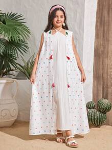 SHEIN Ensemble adolecente décontracté et de manteau sans manches à franges et robe bustier sans manches pour vacances - Beige - Voir 1