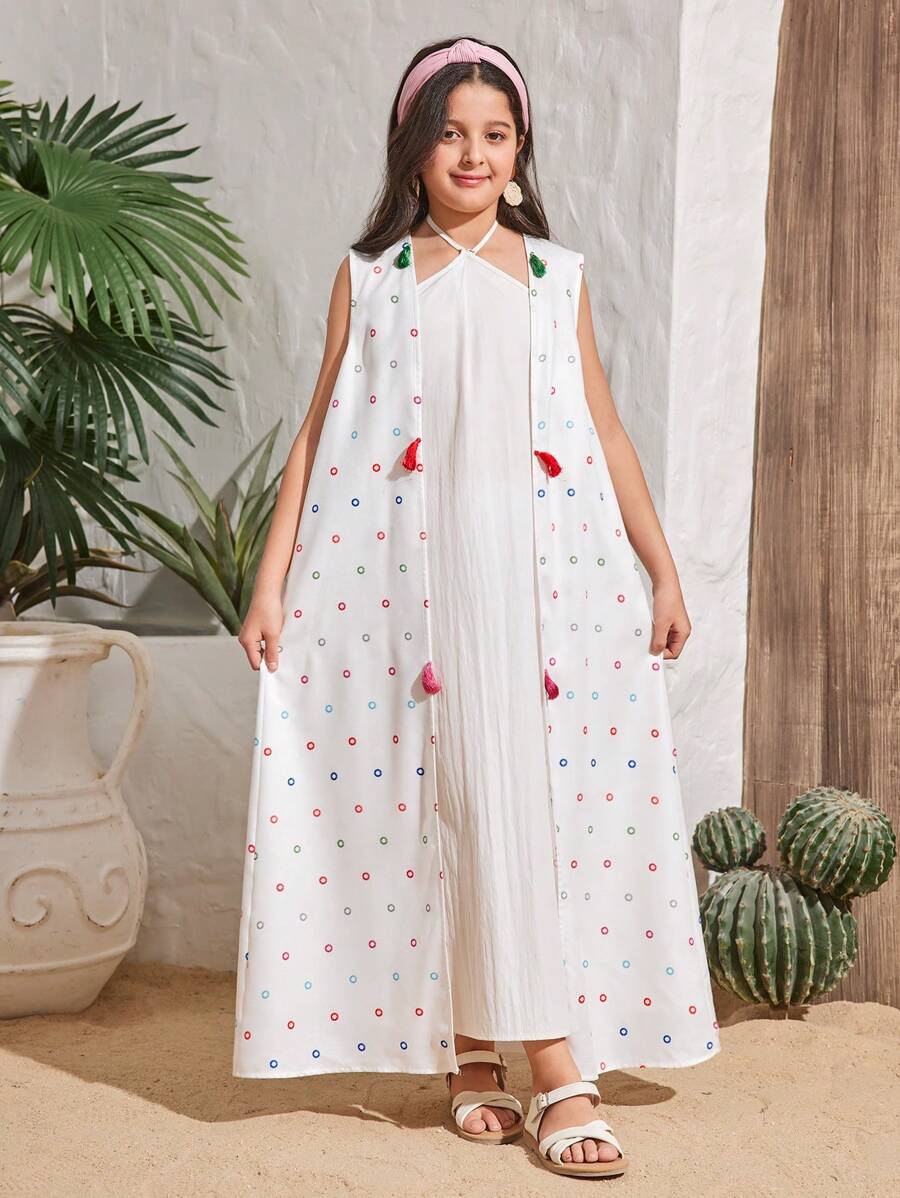 SHEIN Ensemble adolecente décontracté et de manteau sans manches à franges et robe bustier sans manches pour vacances - Beige - Voir 1