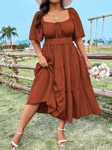 Sunnyshic Robe ample pour femmes avec col carré à encolure en forme de cœur de poulet, manches à volants, patchwork, coupe évasée, style vintage, décontracté, mignon et élégant. Robe d'été petite taille